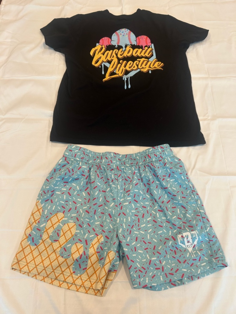 Baseball Lifestyle Kids Matching Set - Black Tee & Light Blue Patterned Shorts
